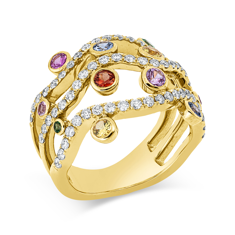 Ring mit Saphir  aus 750/-18 Karat Gelbgold mit 65 Diamanten 0