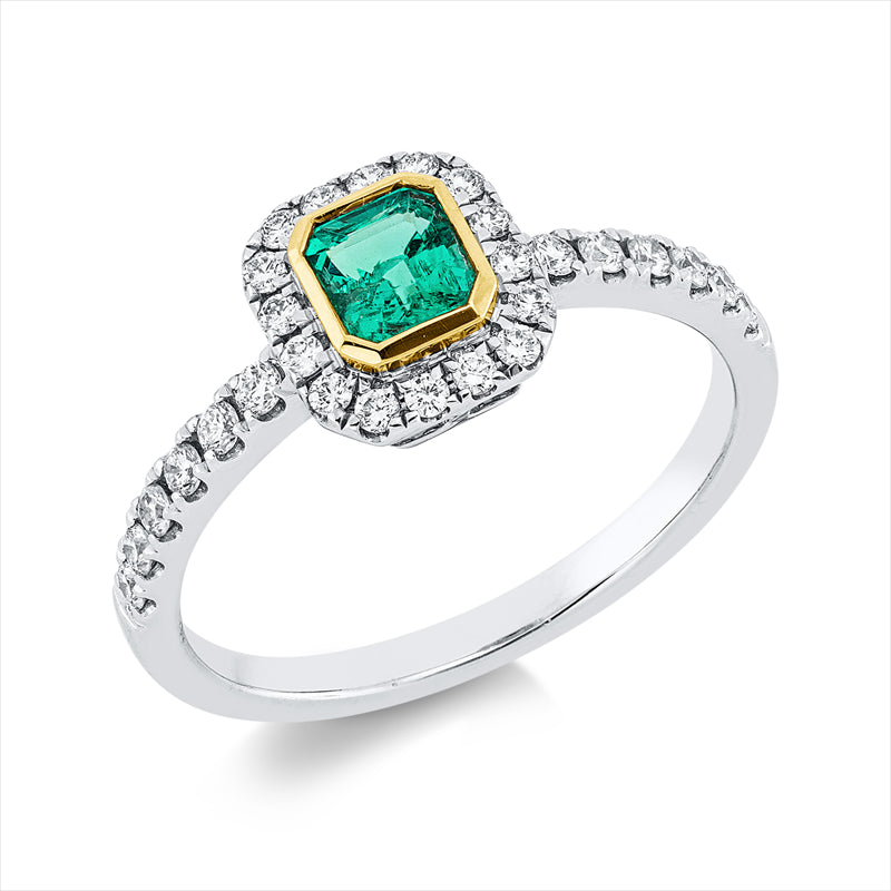 Ring mit Smaragd  aus 750/-18 Karat Weißgold / Gelbgold mit 28 Diamanten 0
