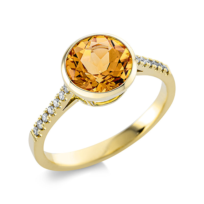 Ring mit Citrin  aus 750/-18 Karat Gelbgold mit 14 Diamanten 0