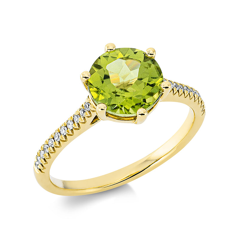 Ring mit Peridot  aus 750/-18 Karat Gelbgold mit 22 Diamanten 0