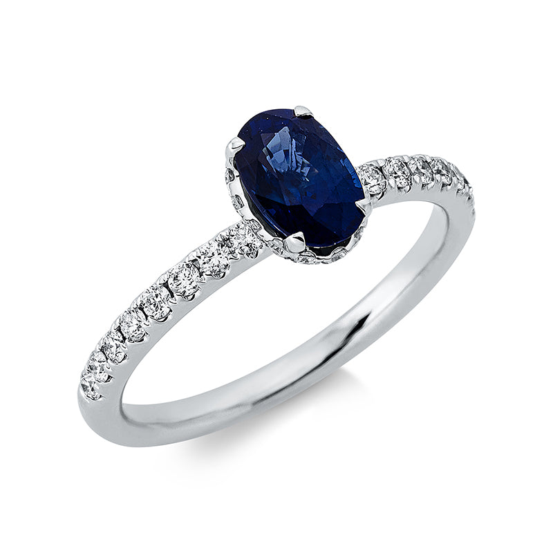 Ring mit Saphir  aus 750/-18 Karat Weißgold mit 30 Diamanten 0
