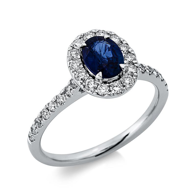 Ring mit Saphir  aus 750/-18 Karat Weißgold mit 30 Diamanten 0