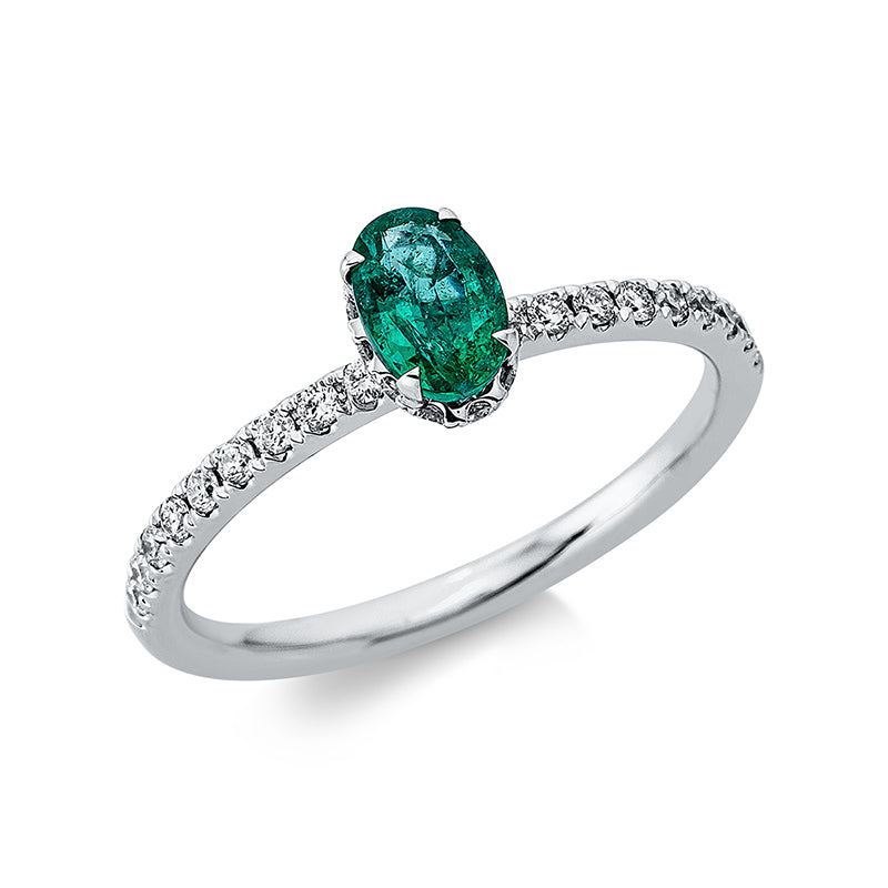 Ring mit Smaragd  aus 750/-18 Karat Weißgold mit 30 Diamanten 0