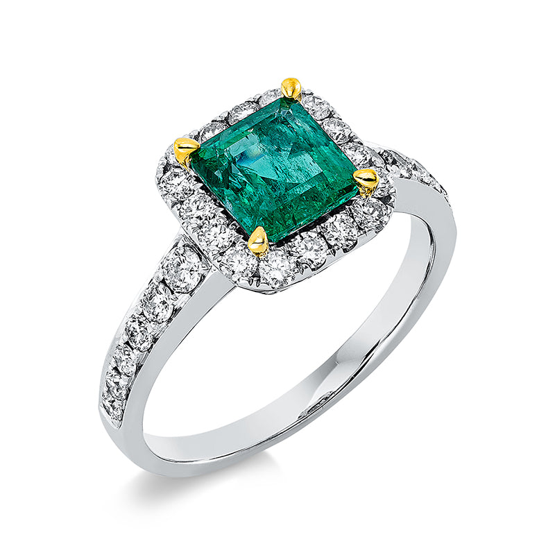 Ring mit Smaragd  aus 750/-18 Karat Weißgold / Gelbgold mit 28 Diamanten 0