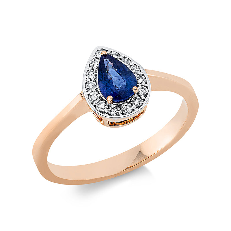 Ring mit Saphir  aus 750/-18 Karat Rotgold mit 14 Diamanten 0