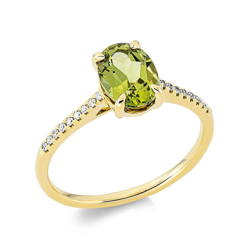 Ring mit Peridot  aus 750/-18 Karat Gelbgold mit 18 Diamanten 0