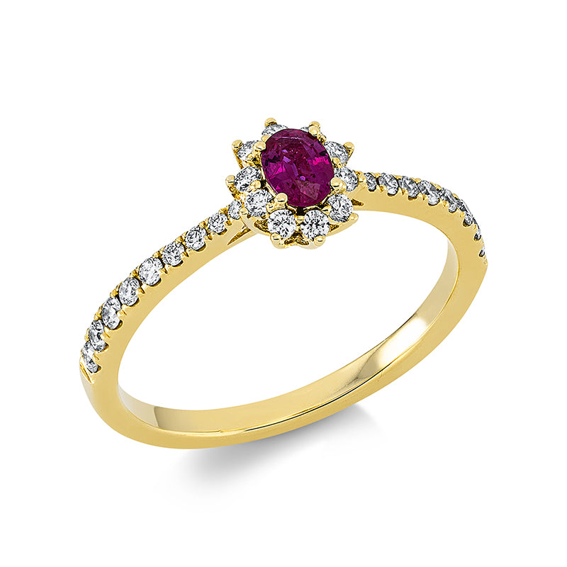 Ring mit Rubin  aus 750/-18 Karat Gelbgold mit 28 Diamanten 0