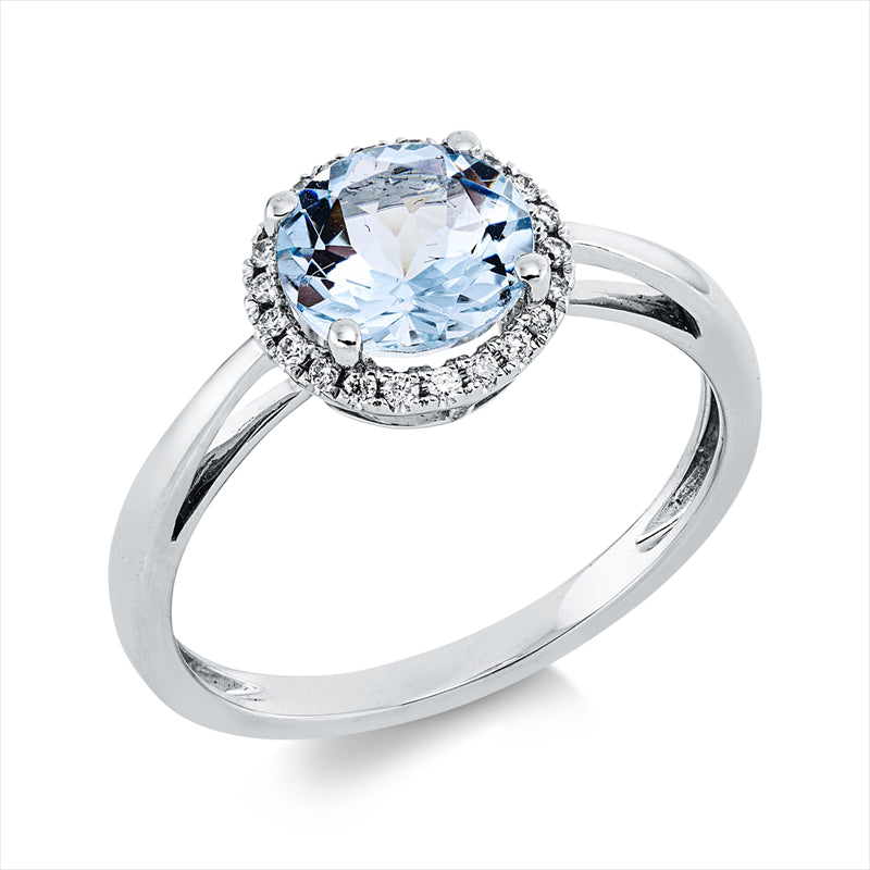 Ring mit Aquamarin  aus 750/-18 Karat Weißgold mit 22 Diamanten 0