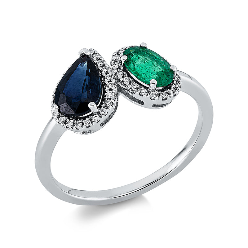 Ring mit Saphir  aus 750/-18 Karat Weißgold mit 40 Diamanten 0