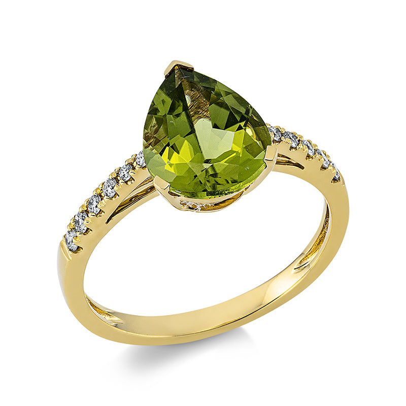Ring mit Peridot  aus 750/-18 Karat Gelbgold mit 12 Diamanten 0