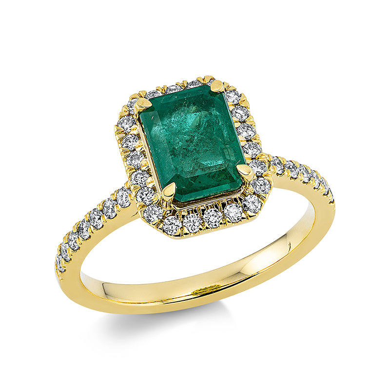 Ring mit Smaragd  aus 750/-18 Karat Gelbgold mit 46 Diamanten 0