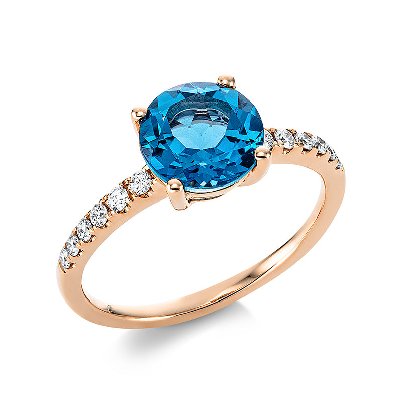 Ring mit Blautopas  aus 750/-18 Karat Rotgold mit 12 Diamanten 0