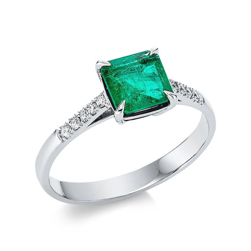 Ring mit Smaragd  aus 585/-14 Karat Weißgold mit 10 Diamanten 0