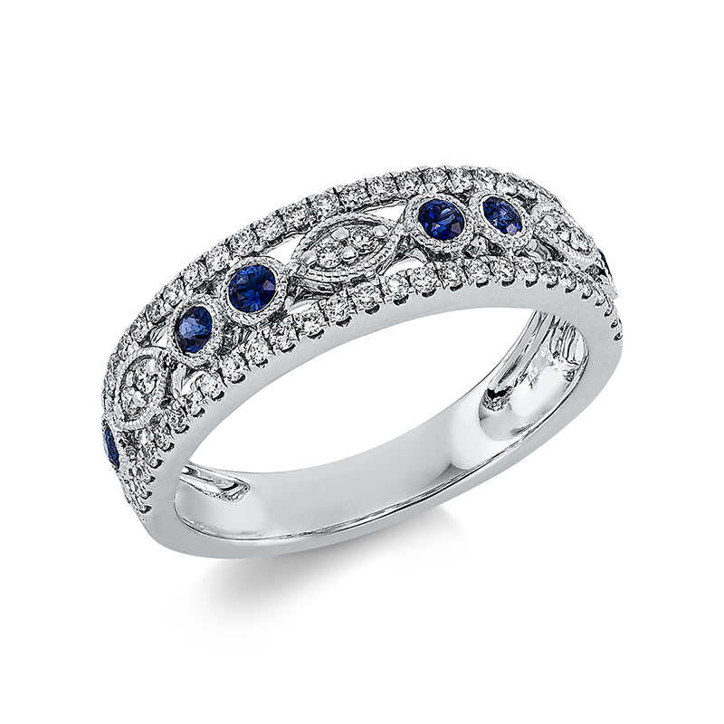 Ring mit Saphir  aus 750/-18 Karat Weißgold mit 60 Diamanten 0