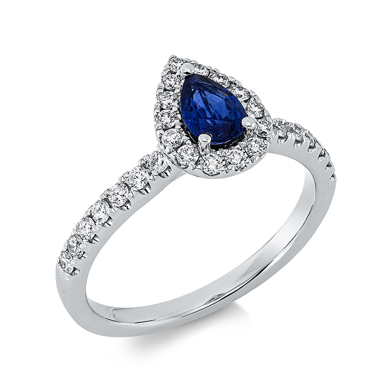 Ring mit Saphir  aus 750/-18 Karat Weißgold mit 28 Diamanten 0