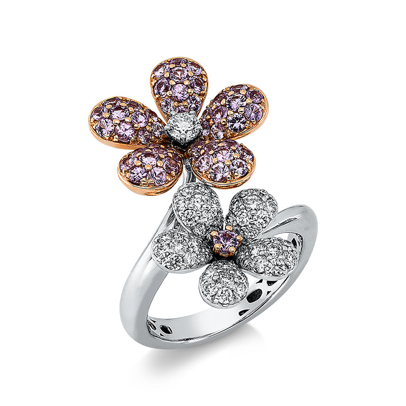 Ring mit Saphir  aus 750/-18 Karat Weißgold / Rotgold mit 51 Diamanten 0