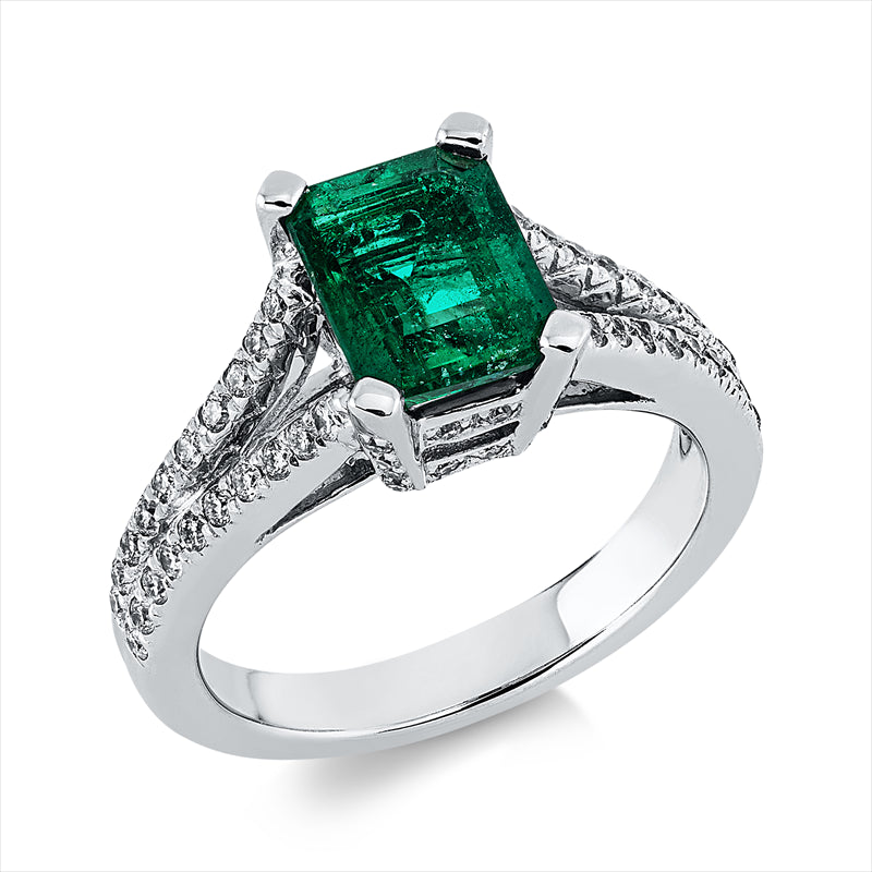 Ring mit Smaragd  aus 750/-18 Karat Weißgold mit 64 Diamanten 0