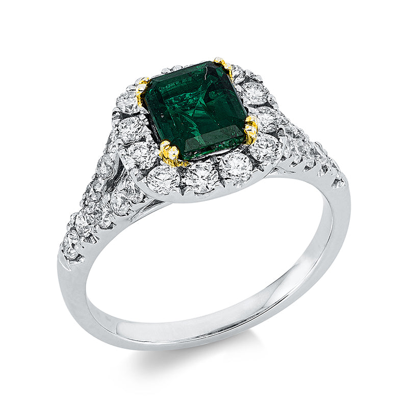 Ring mit Smaragd  aus 750/-18 Karat Weißgold / Gelbgold mit 28 Diamanten 0
