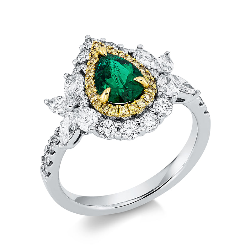 Ring mit Smaragd  aus 750/-18 Karat Weißgold / Gelbgold mit 55 Diamanten 1