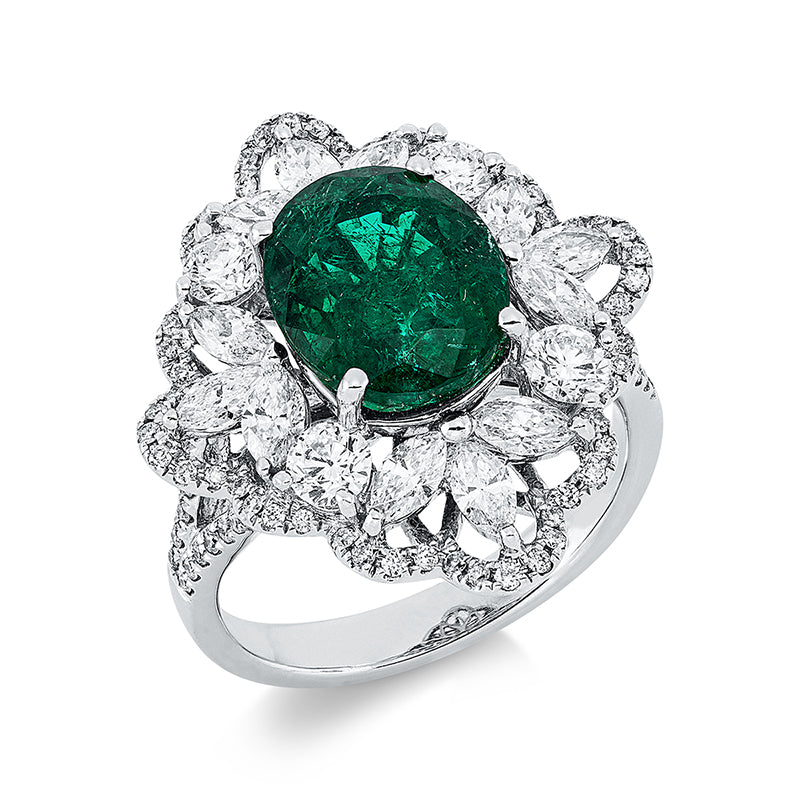 Ring mit Smaragd  aus 750/-18 Karat Weißgold mit 100 Diamanten 1