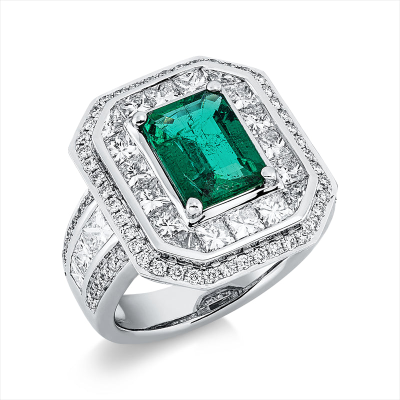 Ring mit Smaragd  aus 750/-18 Karat Weißgold mit 92 Diamanten 3 ct
