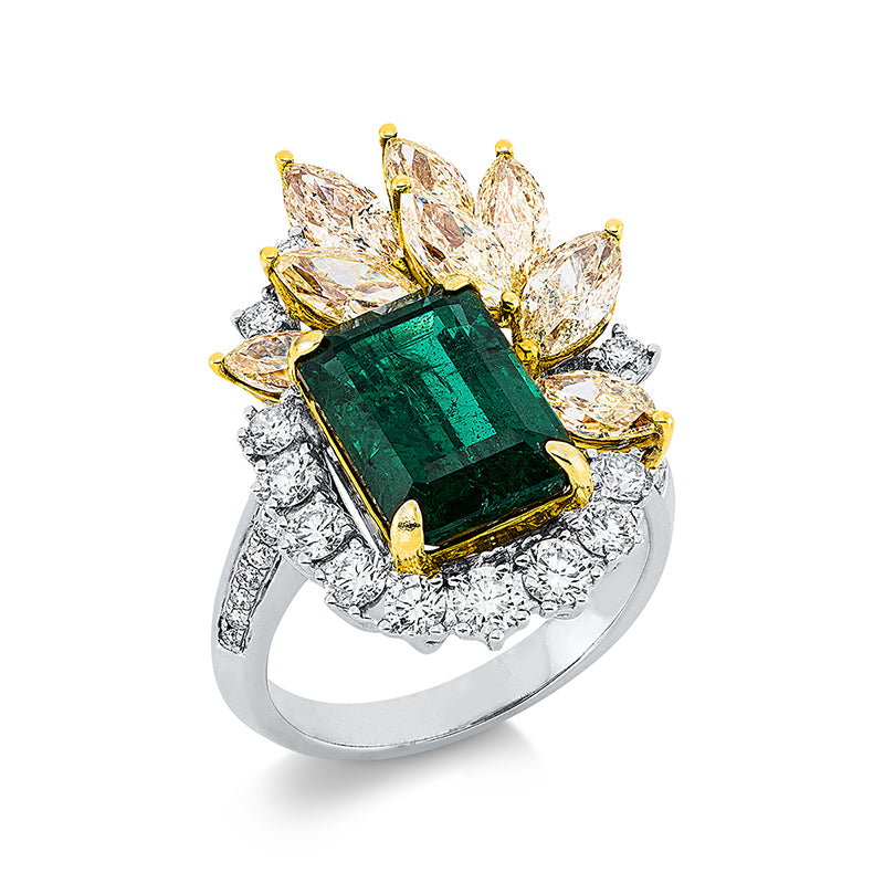 Ring mit Smaragd  aus 750/-18 Karat Weißgold / Gelbgold mit 44 Diamanten 3