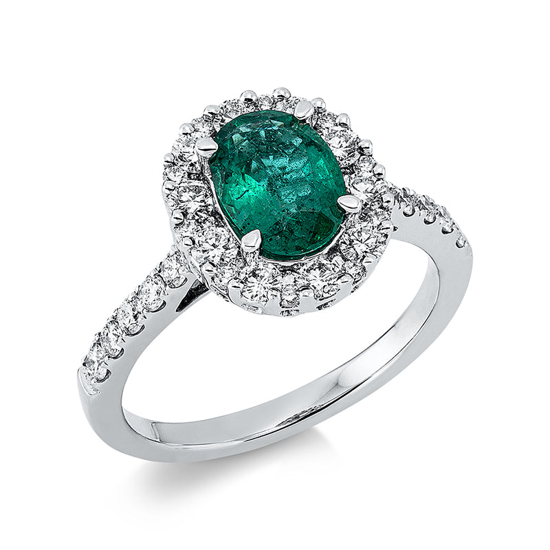 Ring mit Smaragd  aus 750/-18 Karat Weißgold mit 40 Diamanten 0