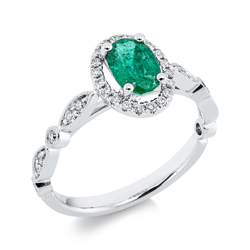 Ring mit Smaragd  aus 750/-18 Karat Weißgold mit 32 Diamanten 0