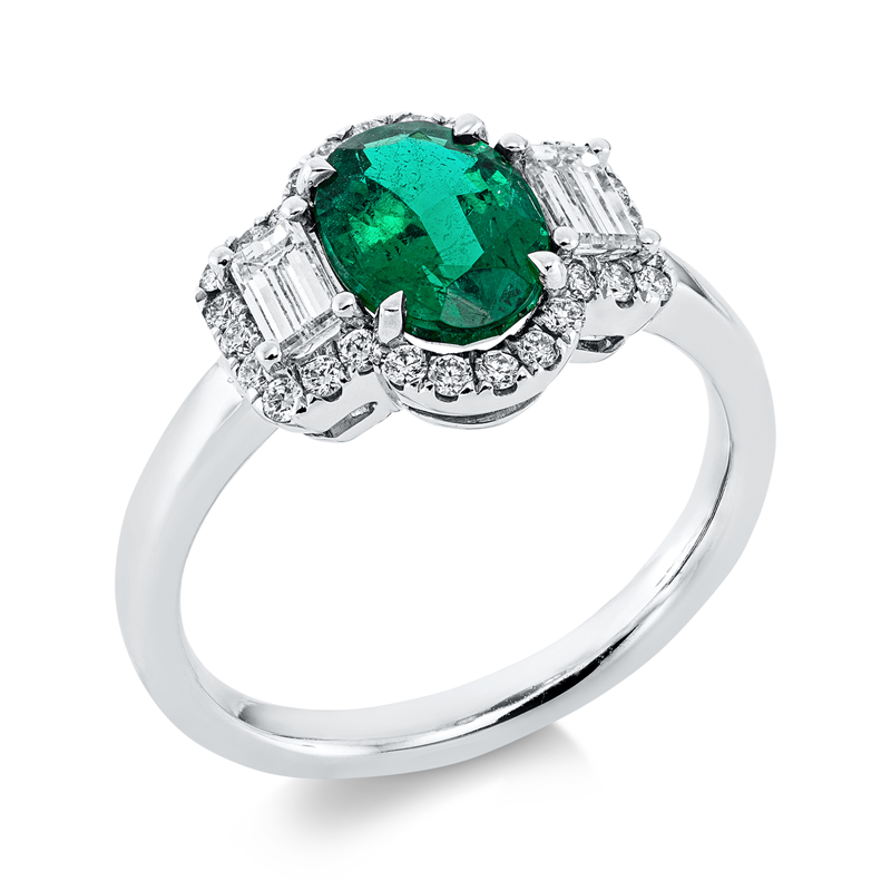 Ring mit Smaragd  aus 750/-18 Karat Weißgold mit 30 Diamanten 0