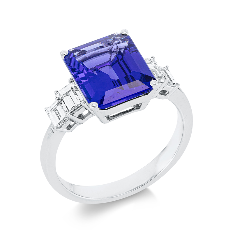 Ring mit Tansanit  aus 750/-18 Karat Weißgold mit 4 Diamanten 0