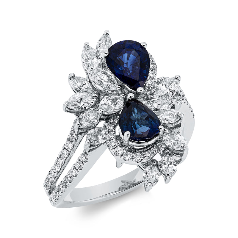 Ring mit Saphir  aus 750/-18 Karat Weißgold mit 68 Diamanten 1