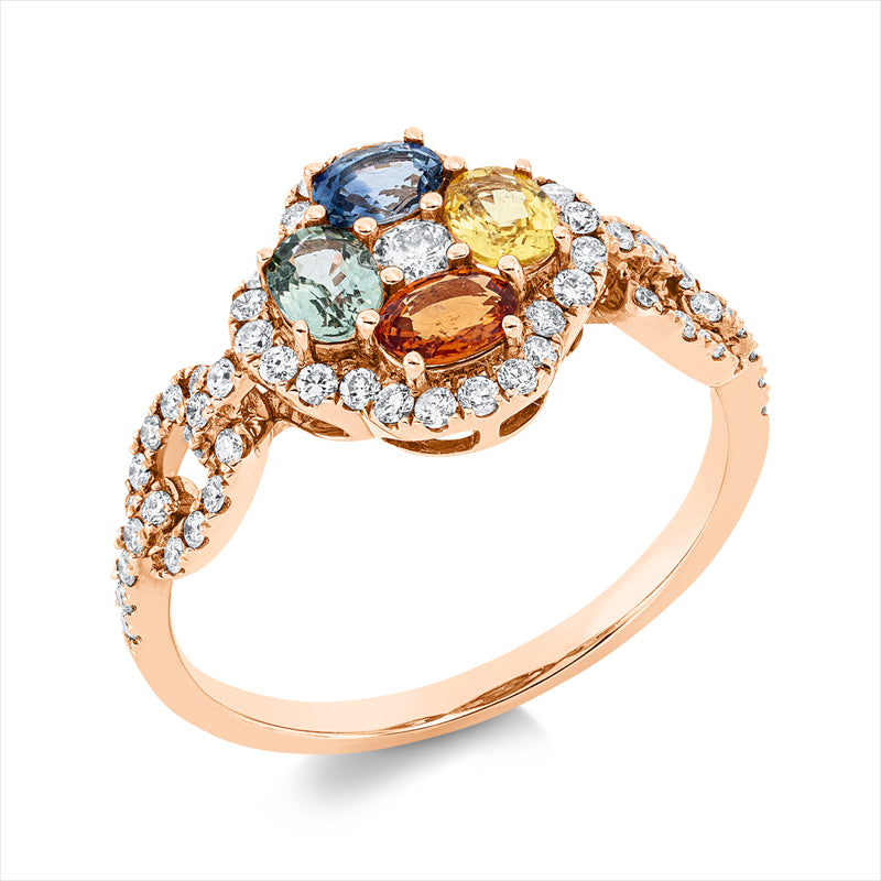 Ring mit Saphir  aus 750/-18 Karat Rotgold mit 59 Diamanten 0