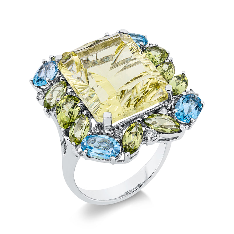 Ring mit Peridot  aus 750/-18 Karat Weißgold mit 12 Diamanten 0