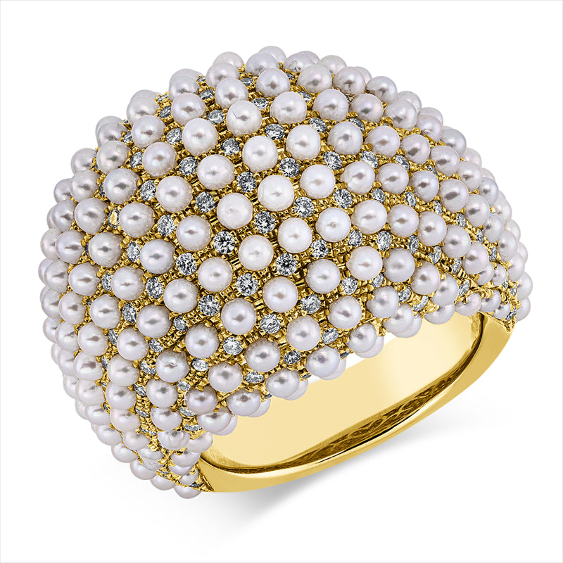 Ring   mit Zuchtperle aus 750/-18 Karat Gelbgold mit 193 Diamanten 1