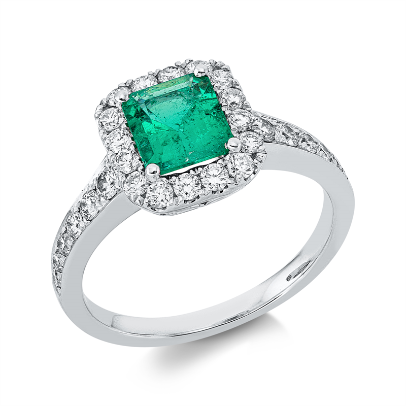 Ring mit Smaragd  aus 750/-18 Karat Weißgold mit 28 Diamanten 0