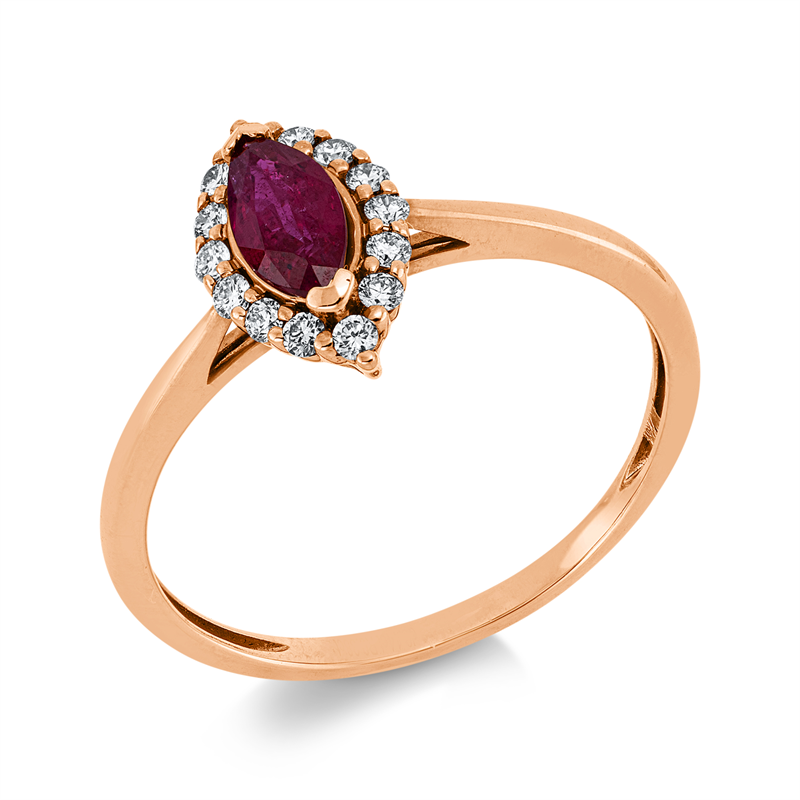 Ring mit Rubin  aus 750/-18 Karat Rotgold mit 14 Diamanten 0