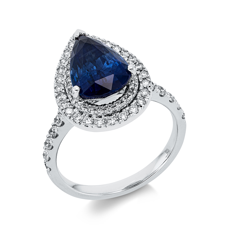 Ring mit Saphir  aus 750/-18 Karat Weißgold mit 65 Diamanten 0