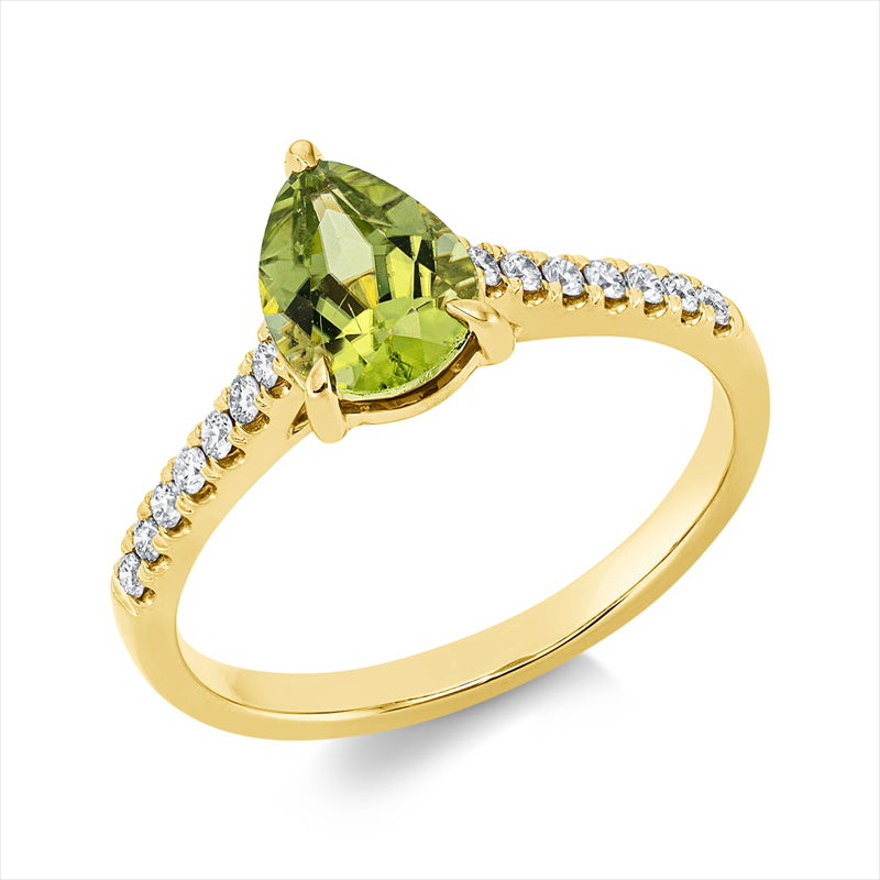 Ring mit Peridot  aus 750/-18 Karat Gelbgold mit 14 Diamanten 0