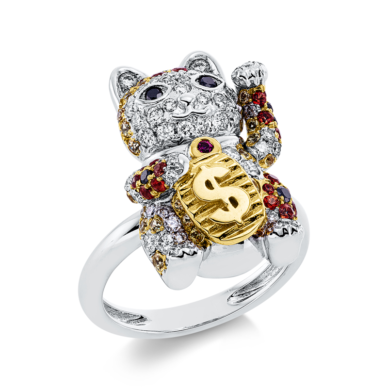 Ring mit Rubin  aus 750/-18 Karat Weißgold / Gelbgold mit 65 Diamanten 0