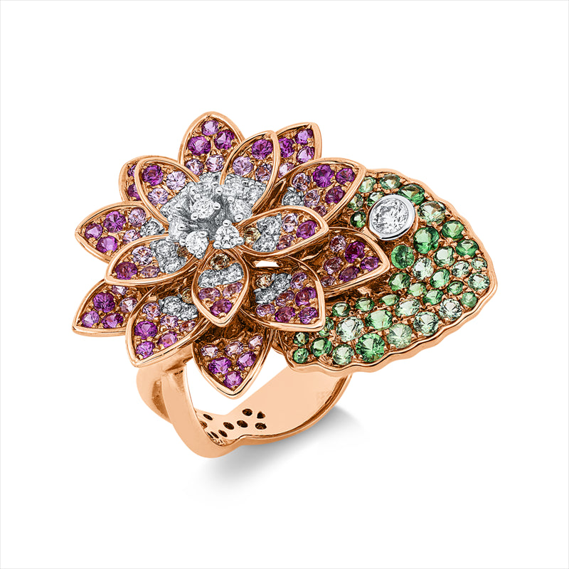 Ring mit Tsavorith  aus 750/-18 Karat Rotgold / Weißgold mit 29 Diamanten 0