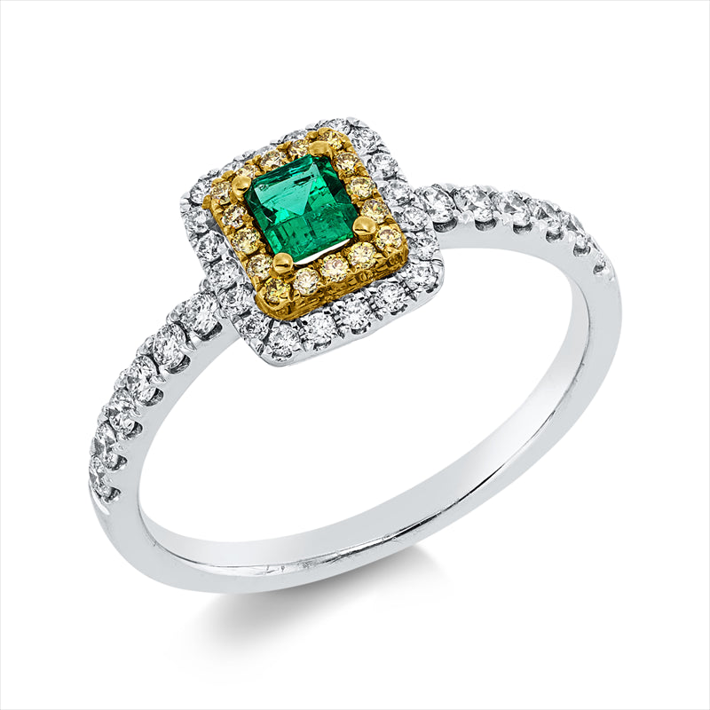 Ring mit Smaragd  aus 750/-18 Karat Weißgold / Gelbgold mit 48 Diamanten 0