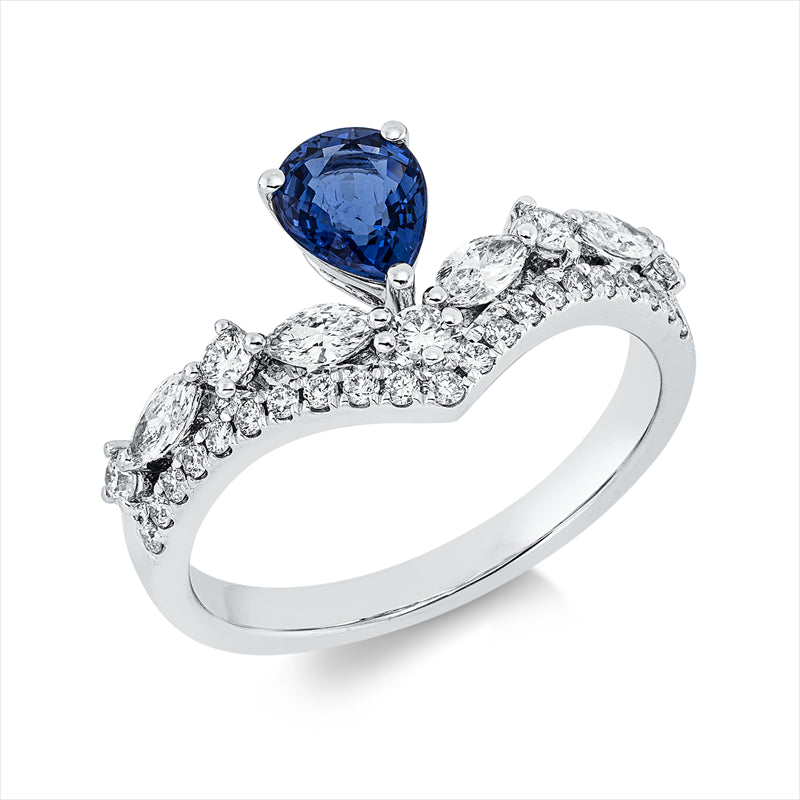 Ring mit Saphir  aus 750/-18 Karat Weißgold mit 30 Diamanten 0