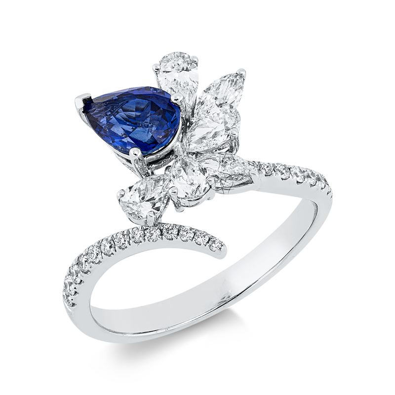 Ring mit Saphir  aus 750/-18 Karat Weißgold mit 27 Diamanten 0