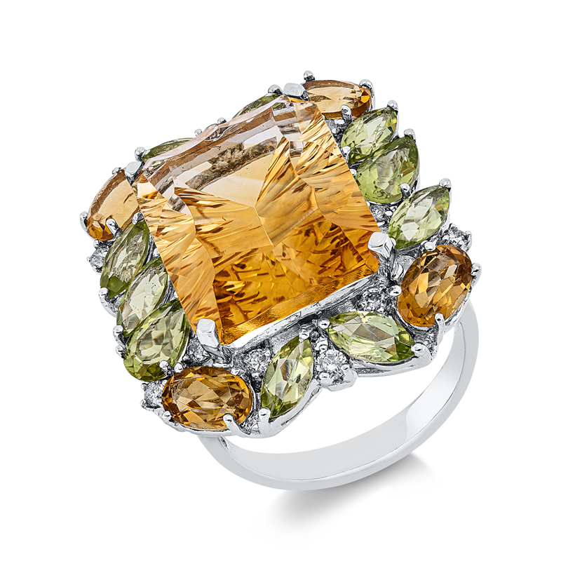 Ring mit Peridot  aus 750/-18 Karat Weißgold mit 12 Diamanten 0
