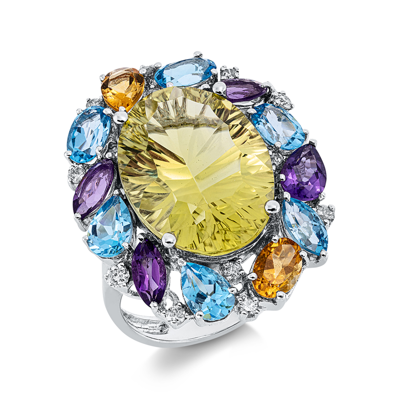 Ring mit Citrin  aus 750/-18 Karat Weißgold mit 12 Diamanten 0