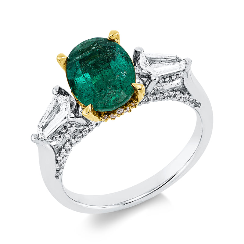 Ring mit Smaragd  aus 750/-18 Karat Weißgold / Gelbgold mit 88 Diamanten 0