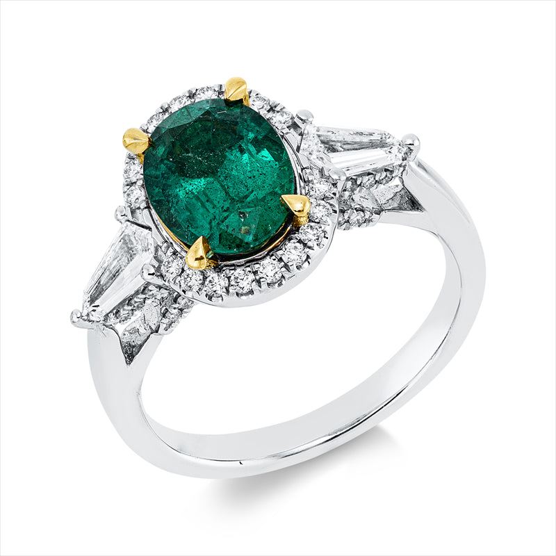 Ring mit Smaragd  aus 750/-18 Karat Weißgold / Gelbgold mit 58 Diamanten 0