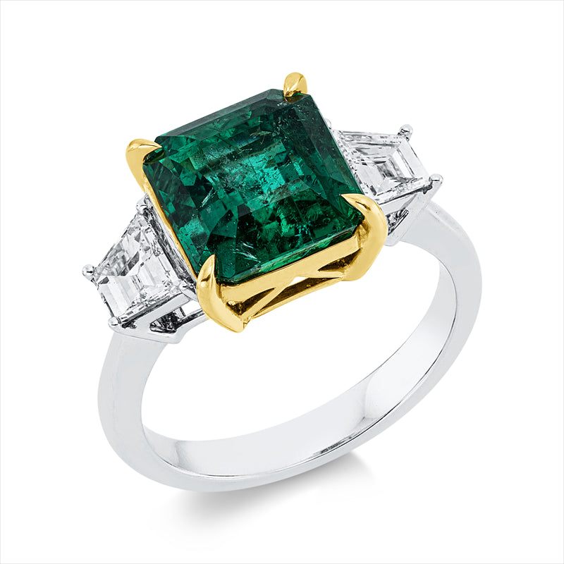 Ring mit Smaragd  aus 750/-18 Karat Weißgold / Gelbgold mit 2 Diamanten 0