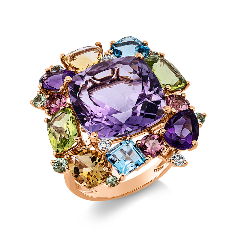 Ring mit Farbstein  aus 750/-18 Karat Rotgold mit 3 Diamanten 0