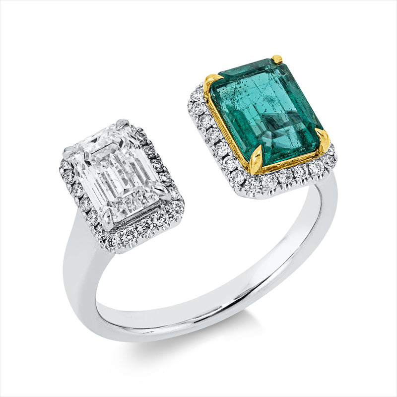 Ring mit Smaragd  aus 750/-18 Karat Weißgold / Gelbgold mit 45 Diamanten 1